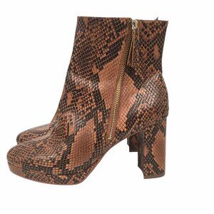 H&M Boots Women 9.5 Brown Snake Print Block Heel Zip Ankle Chunky Platform 90s